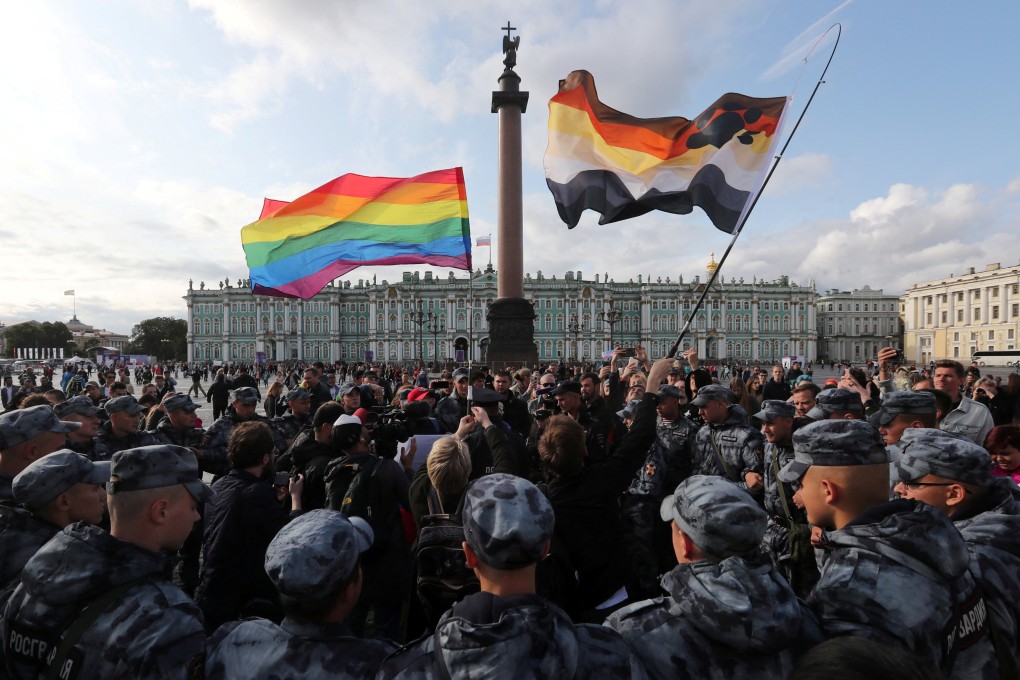 Police block a pro-LGBTQ rally in Saint Petersburg, Russia in 2019. On Monday, President Vladimir Putin signed legislation outlawing gender-affirming procedures in the country. Photo: Reuters