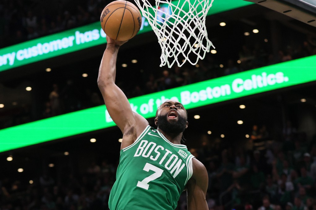 Boston Celtics guard Jaylen Brown attempts a dunk in the Eastern Conference semifinals. Photo: TNS