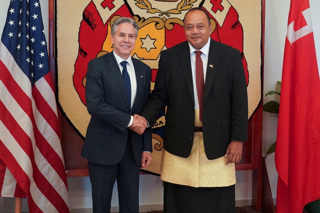 US Secretary of State Antony Blinken shakes hands with Tonga’s Prime Minister Hu’akavemeiliku Siaosi Sovaleni in the Pacific nation’s capital of Nuku’alofa on Wednesday. Photo: Reuters