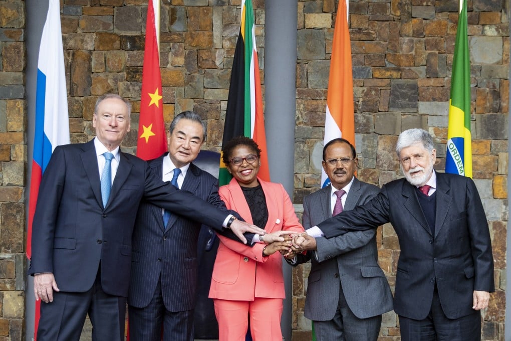 Wang Yi (second left), with senior Brics officials (from left) Nikolay Patrushev of Russia, Khumbudzo Ntshavheni of South Africa, India’s Ajit Doval and Celso Luiz Nunes Amorim of Brazil, in South Africa’s Johannesburg on Tuesday. Photo: Xinhua