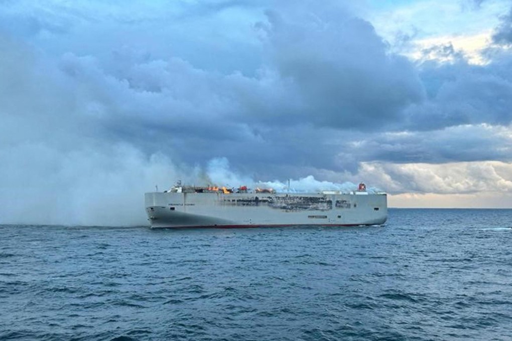 Panamanian-registered car carrier Fremantle Highway, on fire off the coast of the northern Dutch island of Ameland. Photo: Netherlands Coastguards via AFP