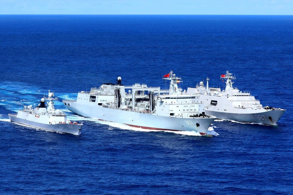 A Chinese-built pier at a Cambodian naval base may be used for the Type 901 replenishment ship (centre), according to military experts. Photo: Handout