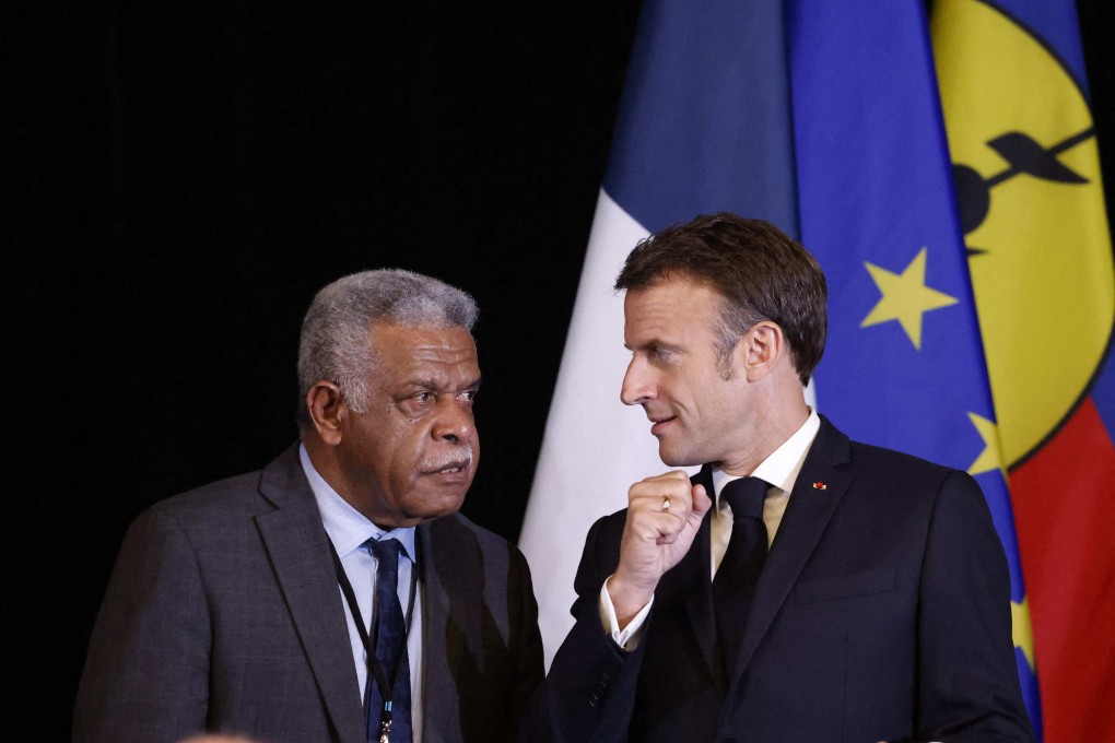 New Caledonia President of the Government Louis Mapou and French President Emmanuel Macron in Port Moresby on July 28, 2023. Photo: AFP