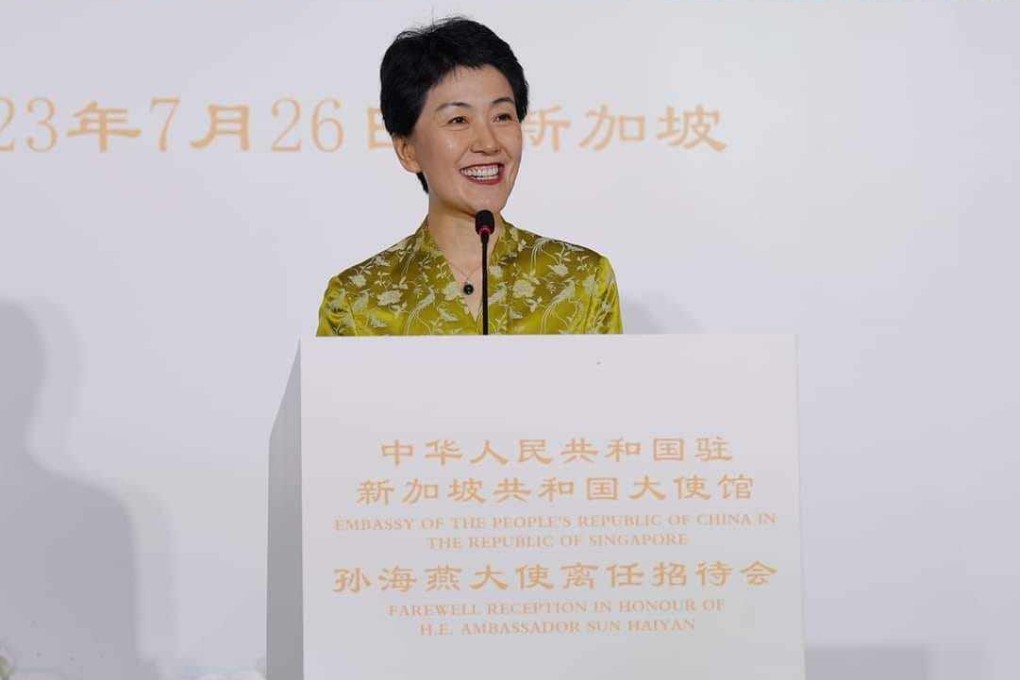 Sun Haiyan speaks at her farewell reception in Singapore on July 26. Photo: Facebook