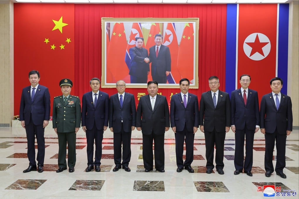 North Korean leader Kim Jong-un (centre) meets the Chinese delegation led by Li Hongzhong in Pyongyang on Friday. Photo: EPA-EFE/KCNA