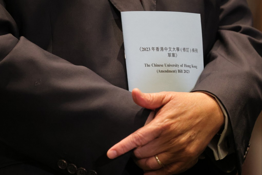 Lawmaker Tommy Cheung holds a copy of the Chinese University of Hong Kong (Amendment) Bill 2023, a private members’ bill initiated by him and two other lawmakers, on June 27. Photo: Jelly Tse