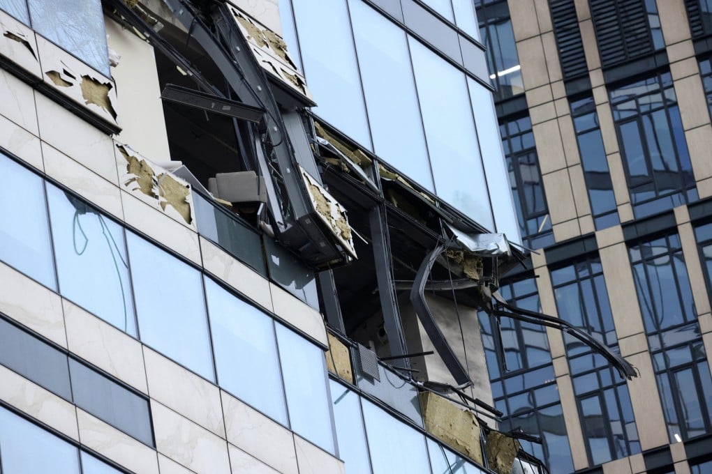 The damaged facade of an office building in the Moscow City following a reported Ukrainian drone attack in Moscow, Russia, on Sunday. Photo: Reuters