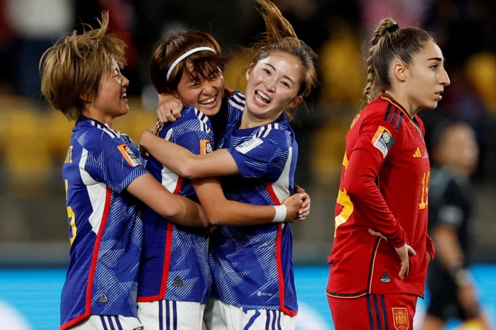 Japan’s Hinata Miyazawa celebrates scoring her side’s third with Risa Shimizu and Honoka Hayashi. Photo: Reuters