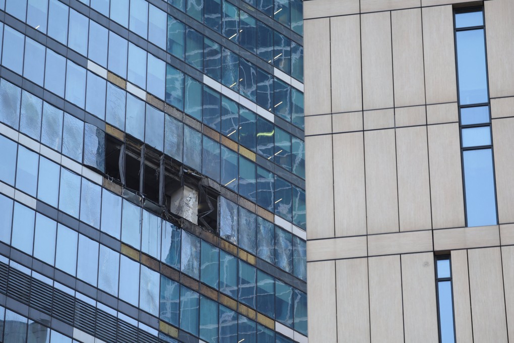 The damaged facade of an office building in Moscow housing government agencies, following a drone attack. Photo: Reuters