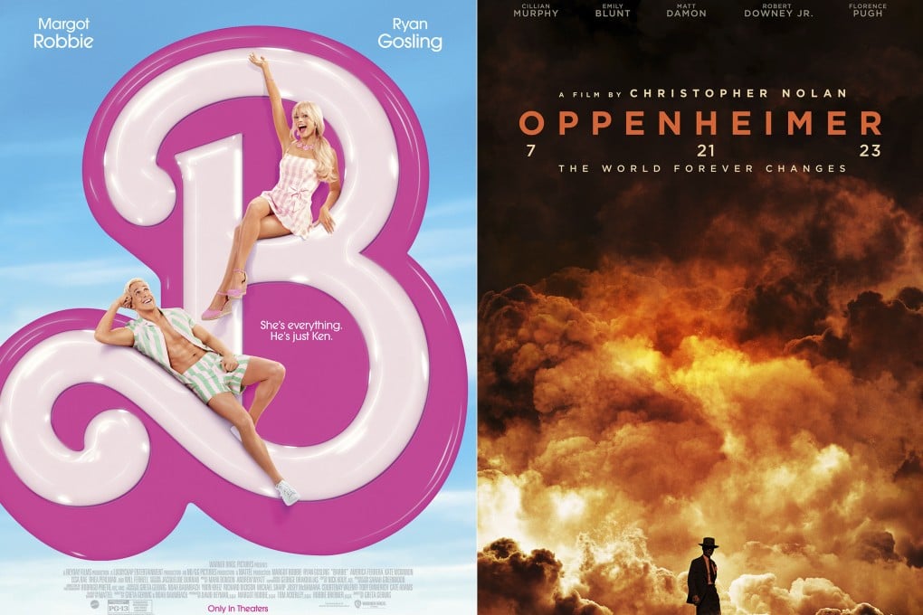 A combination image shows promotional art for the films “Barbie” and “Oppenheimer”. Photo: Warner Bros Pictures/Universal Pictures via AP