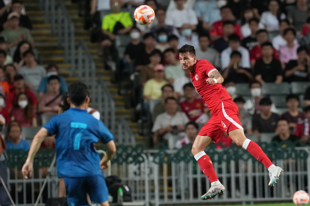 Vas Nunez of Hong Kong heads clear against Thailand in June. Photo: Sam Tsang