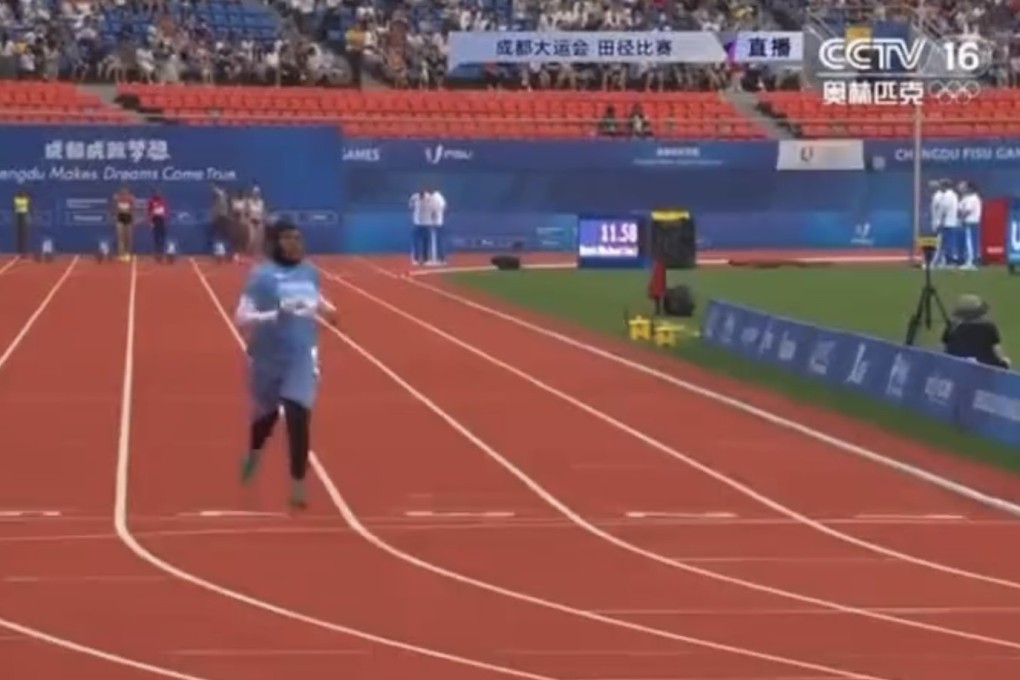 Nasro Abukar Ali finishes the women’s 100m race at the World University Games in Chengdu. Photo: CCTV