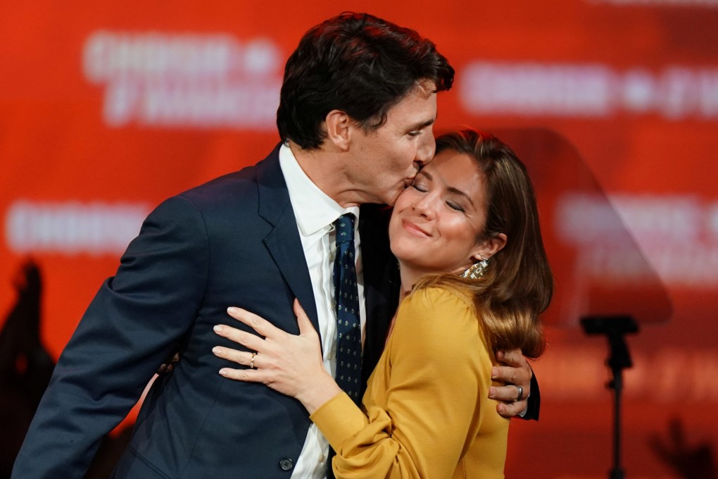 Canadian Prime Minister Justin Trudeau kisses his wife, Sophie Gregoire Trudeau, in Montreal after the federal election in October 2019. Photo: Reuters