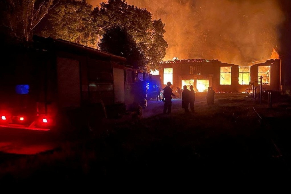 Smoke and flames rise after Russia shelled a blood transfusion centre in Kupiansk, Ukraine’s eastern Kharkiv. Photo: Telegram/V_Zelenskiy_official/Reuters