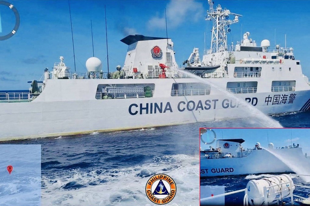 A Chinese coastguard ship (left) releasing water cannon on a Philippine vessel near Second Thomas Shoal during a resupply mission on August 5. Photo: PCG/AFP