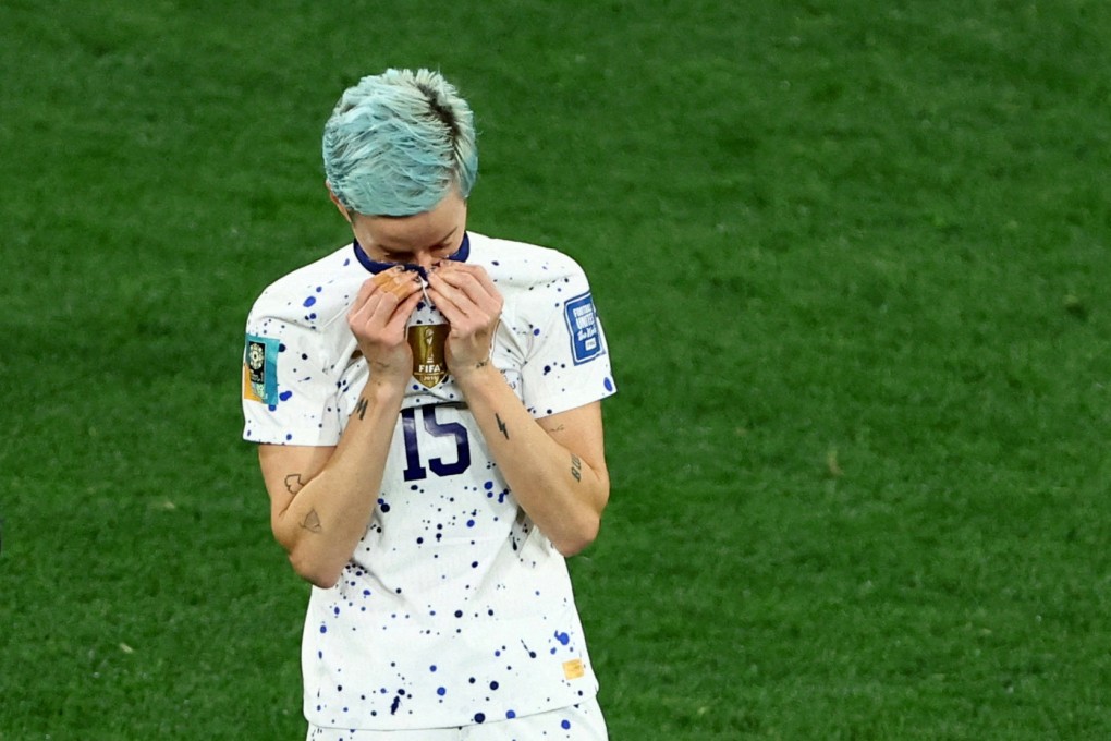 Megan Rapinoe of the US is devastated as a shoot-out sends her team home. Photo: Reuters