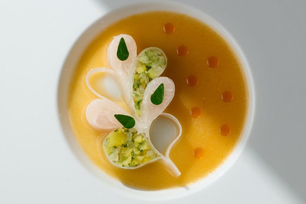 Ikan assam pedas, made with fermented Taiwanese star fruit, hamachi, starfruit and jackfruit salsa with homemade assam oil, at JL Studio, a two-Michelin-star fine-dining restaurant serving Singaporean cuisine in Taichung, Taiwan. Photo: JL Studio