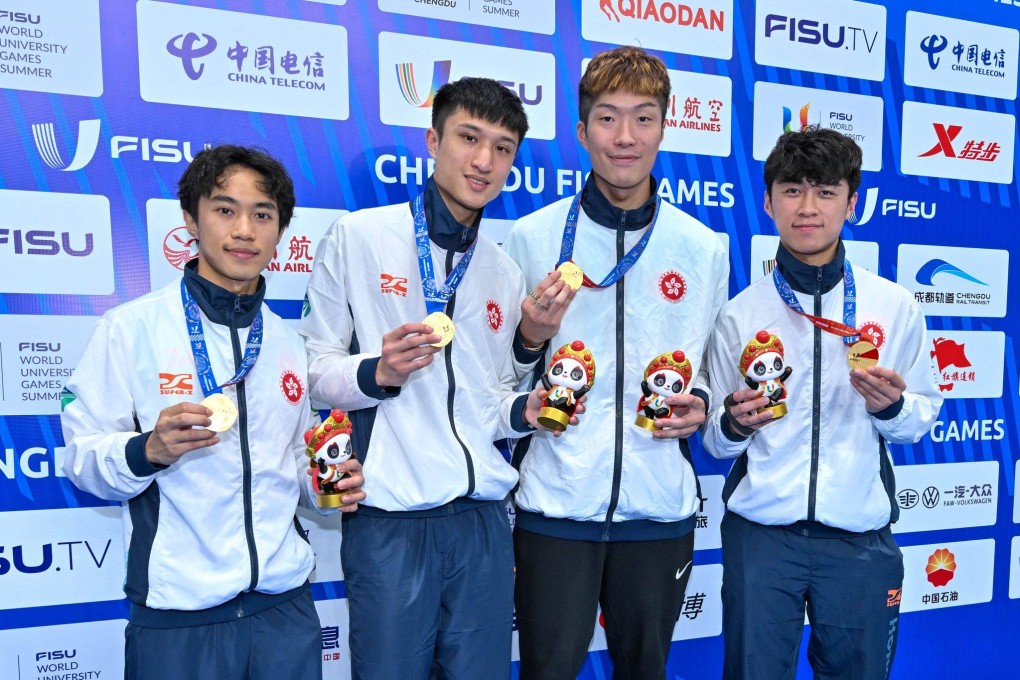 (From left) Aaron Lee Yat-long, Ryan Choi Chun-yin, Cheung Ka-long and Lawrence Ng Lok-wang showing off their men’s team gold medal after the ceremony. Photo: USFHK