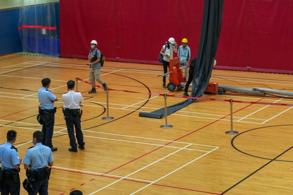 The accident site at North Kwai Chung Tang Shiu Kin Sports Centre, where a worker died while on an elevating platform repairing a leak. Photo: Sam Tsang