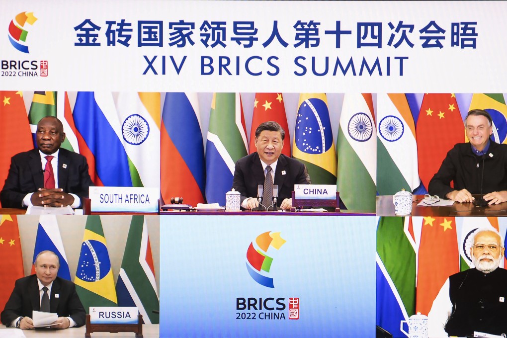 Brics leaders (clockwise from top left) South African President Cyril Ramaphosa, President Xi Jinping, Brazilian President Jair Bolsonaro, Indian Prime Minister Narendra Modi and Russian President Vladimir Putin attend the virtual 14th Brics summit on June 23, 2022. Photo: AP