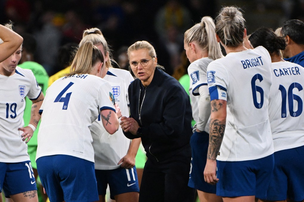 England manager Sarina Wiegman speaks to her players during the Fifa Women’s World Cup. Photo: Reuters