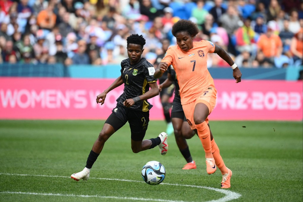 South Africa’s Lebohang Ramalepe (left) races to close down Netherlands’ forward Lineth Beerensteyn during the Fifa Women’s World Cup round of 16 clash in Sydney. Photo: AFP