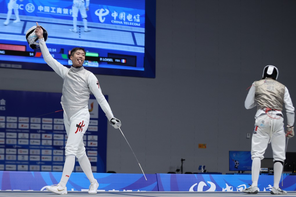 Fencer Cheung Ka-long celebrates after winning a gold medal for Hong Kong at the Fisu World University Games in Chengdu on August 4. Photo: Xinhua