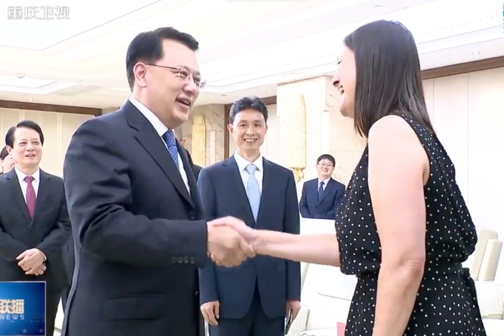 Chongqing Communist Party chief Yuan Jiajun greets a member of the Stilwell family in Chongqing on Wednesday. Photo: Weibo