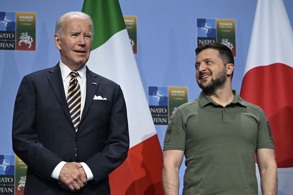 US President Joe Biden last met with Ukrainian President Volodymyr Zelensky at the Nato Summit in Vilnius in July. File photo: AFP