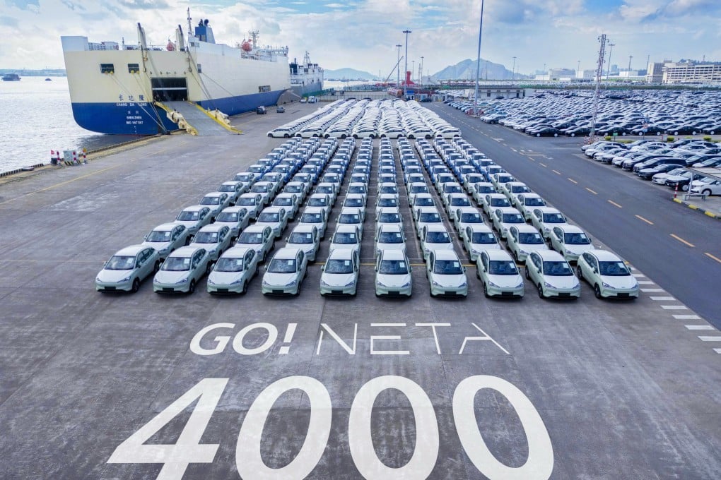 Am undated photograph of Hozon New Energy Automobile’s shipment of electric cars to overseas markets. Photo: Weibo