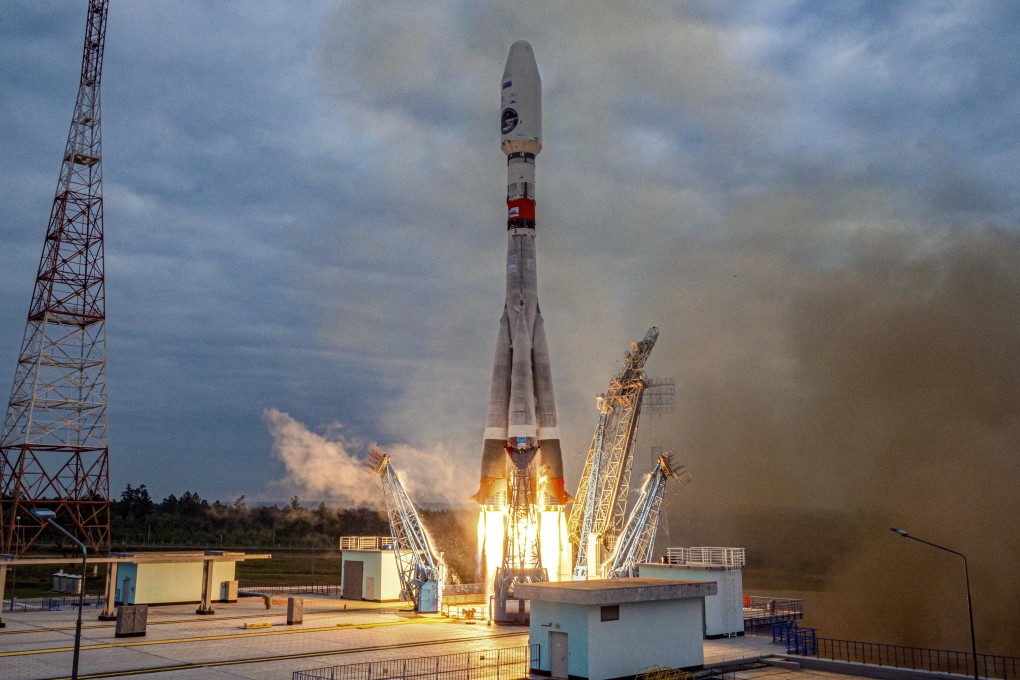 The Soyuz-2.1b rocket with the moon lander Luna-25  taking off from a launch pad at the Vostochny Cosmodrome. Photo: Roscosmos State Space Corporation via AP
