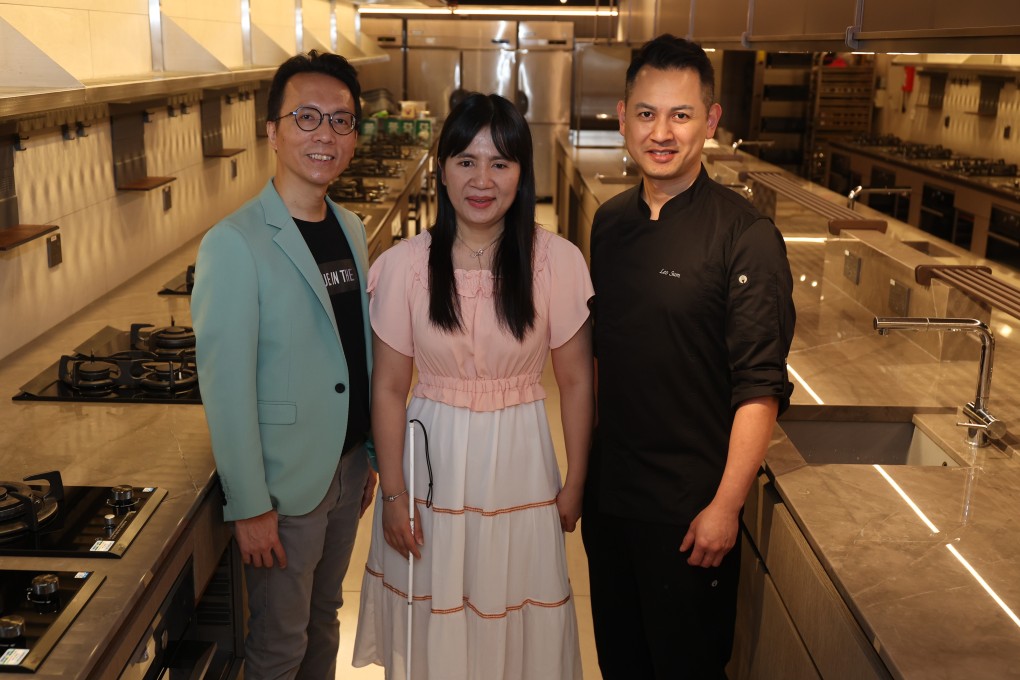 Blindness can make simple tasks difficult, as blindfolded bakers will discover at the Bake in the Dark Challenge in Hong Kong. From left: Joey Lee and Cicelia Chan from Dialogue In The Dark, and Leo Sum, pastry chef at CulinArt 1862. Photo: Edmond So