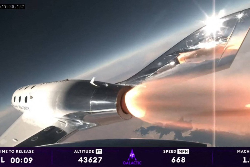 A video still shows the launch of Virgin Galactic’s private astronaut mission Galactic 02 in Truth or Consequences, New Mexico, on Thursday. Photo: Virgin Galactic via AFP