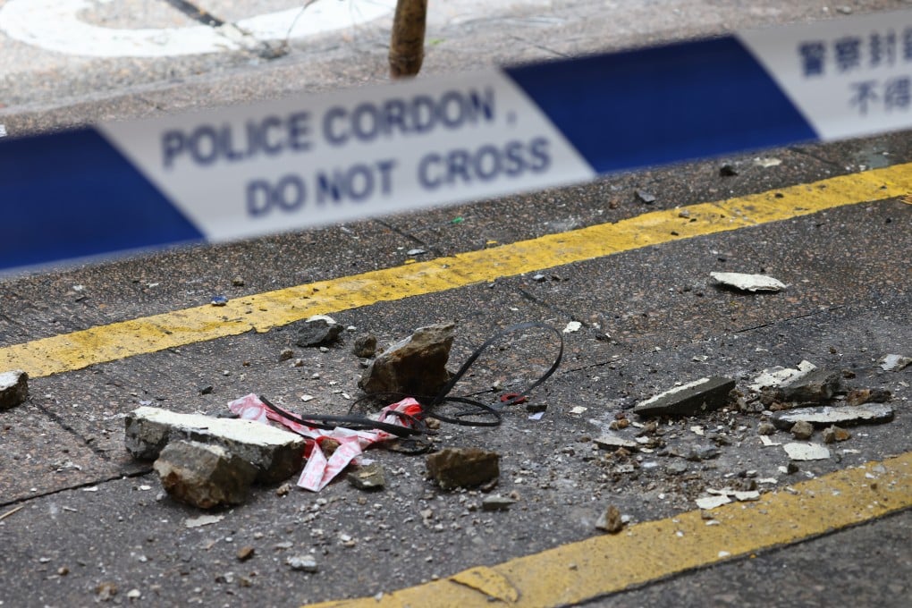 A piece of concrete that fell off Sun Hing Building in Mong Kok. Photo: Dickson Lee