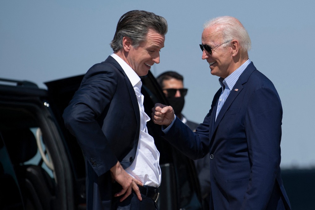 California governor Gavin Newsom greets President Joe Biden at Sacramento Mather Airport on September 13, 2021, in California. Photo: AFP