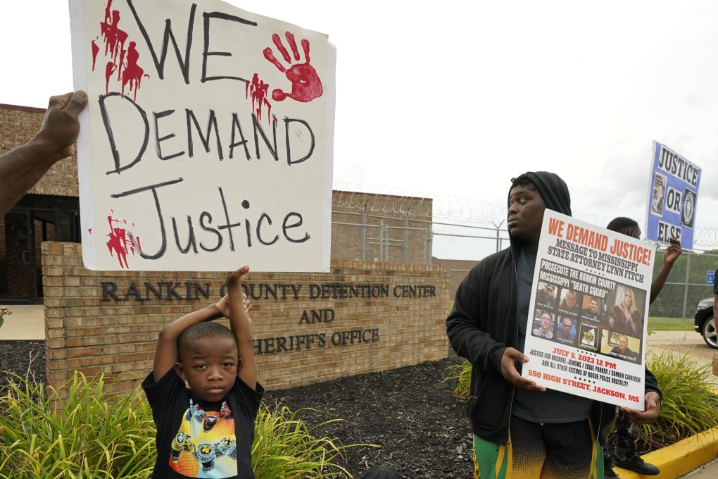 Anti-police brutality activists protest outside the Rankin County Sheriff’s Office, where the officers were based, last month. Photo: AP