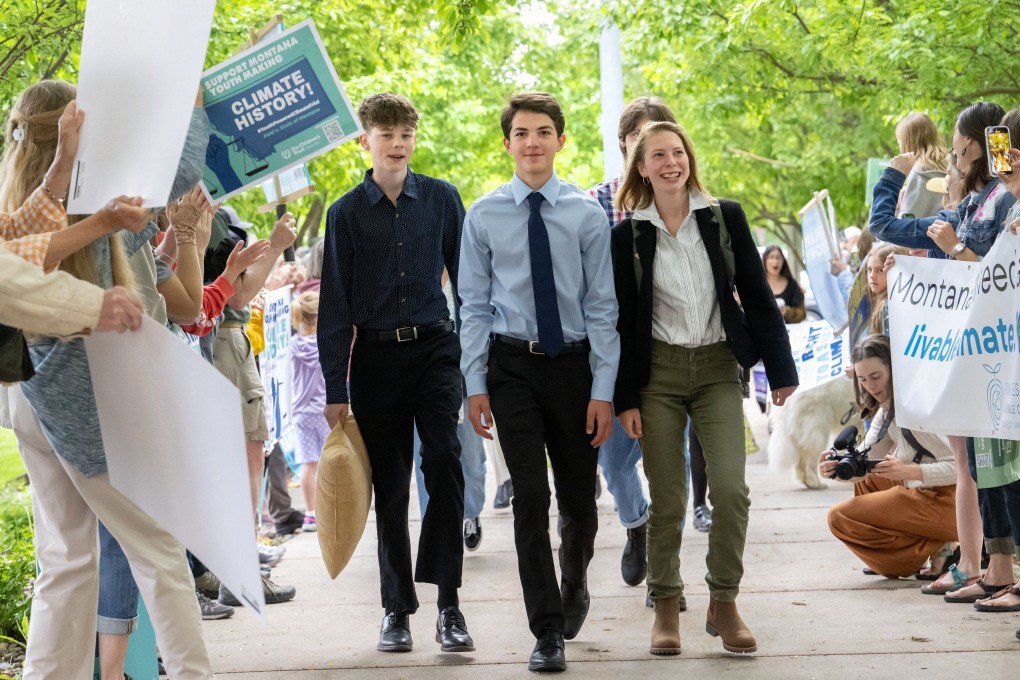 Plaintiffs in the landmark Held vs Montana climate change lawsuit arrive at the courthouse in Helena, Montana on June 13. On Monday a Montana court ruled in favour of the group of youths who accused the US state of violating their rights to a clean environment. Photo: Robin Loznak / Our Children’s Trust / AFP