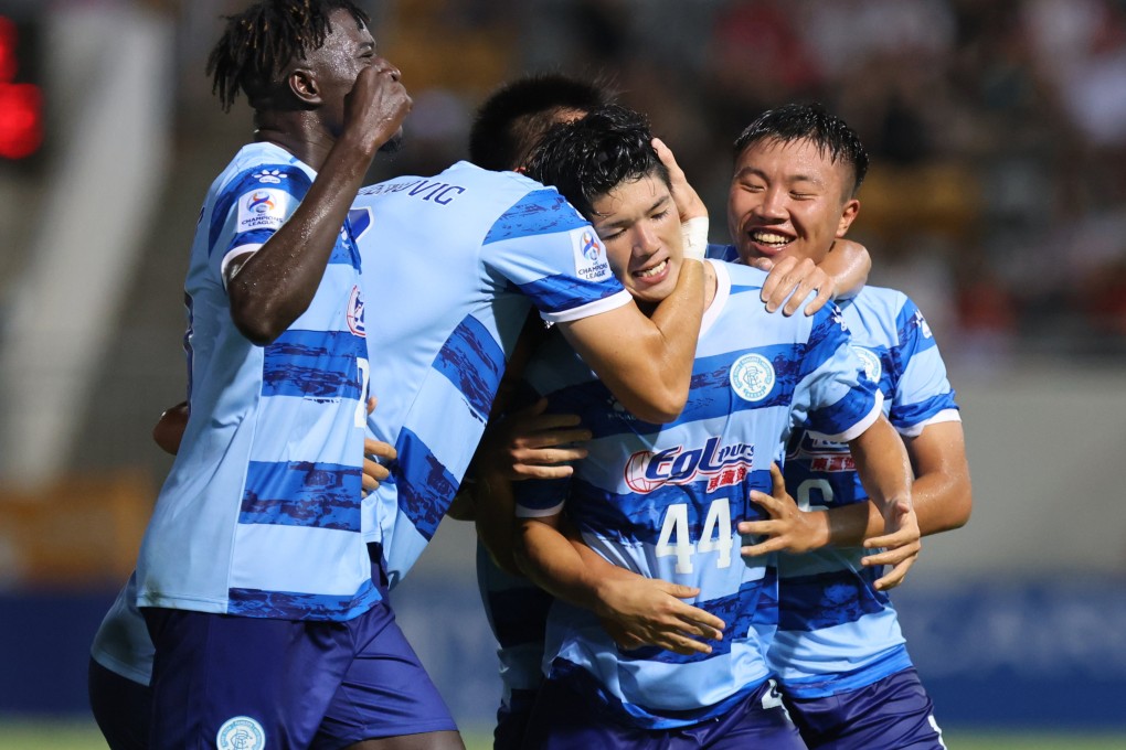 BC Rangers players congratulate Kanda Yumemi (centre) after he put his side ahaead against Haiphong. Photo: Yik Yeung-man