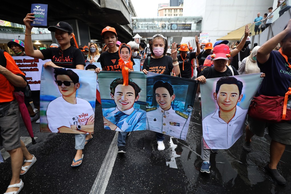 Supporters of Move Forward and its leader Pita Limjaroenrat protest against Thailand’s political deadlock in Bangkok on Monday. Photo: EPA-EFE