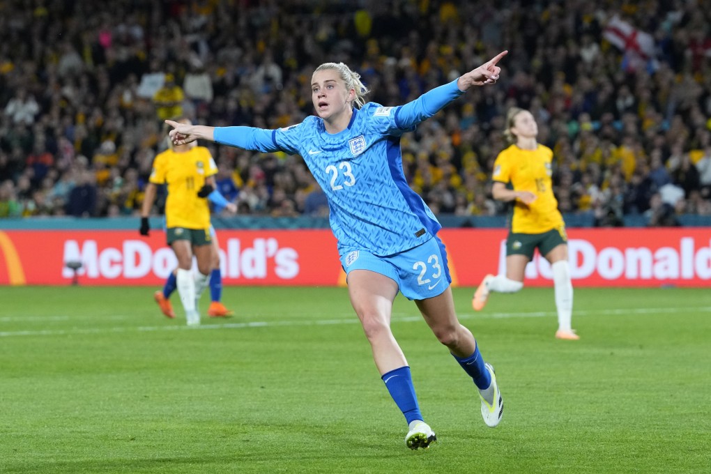England’s Alessia Russo celebrates after scoring her side’s third against Australia. Photo: AP