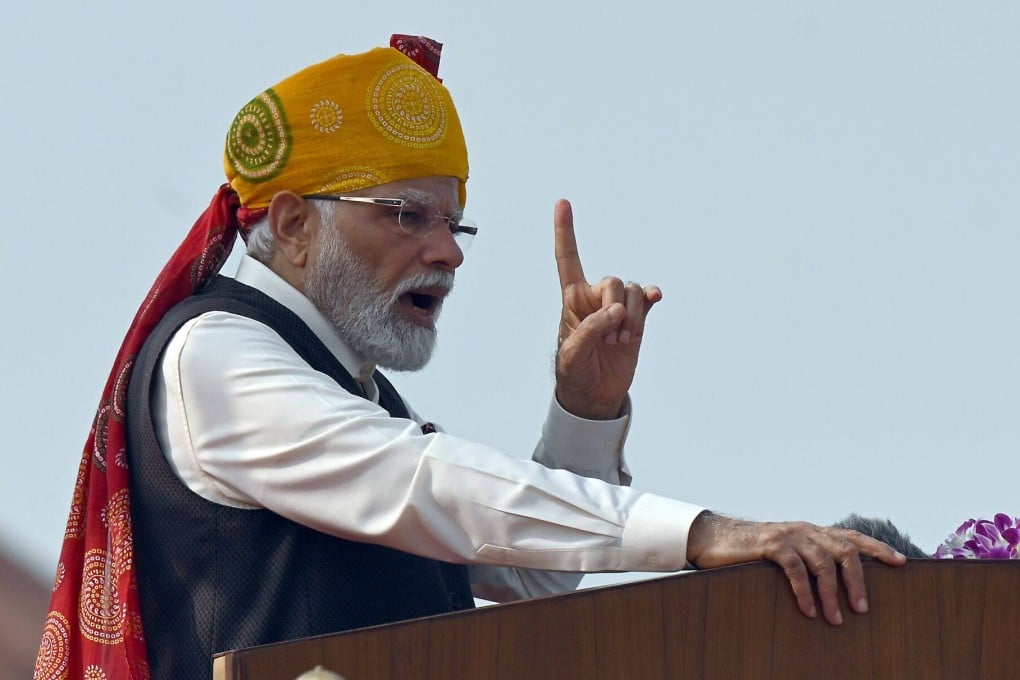Indian Prime Minister Narendra Modi speaks during the nation’s Independence Day ceremony at New Delhi’s Red Fort on Tuesday. Photo: Bloomberg