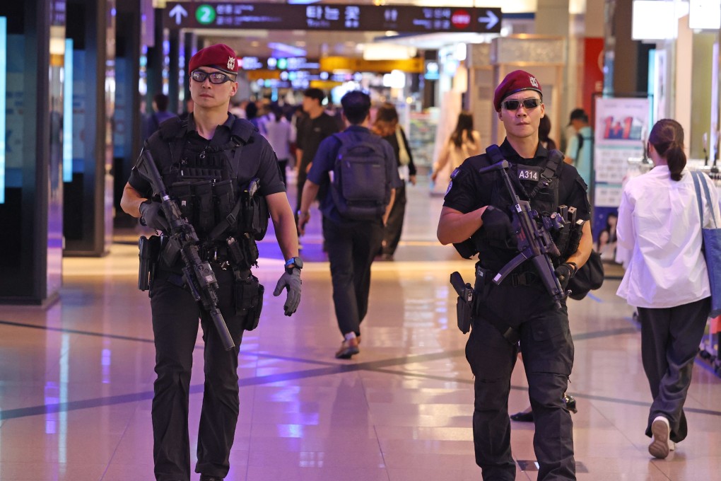 Special operations officers patrol Gangnam subway station in Seoul, South Korea, earlier this month – a rare scene in country that boasts one of the lowest crime rates in the world. Photo: EPA-EFE/Yonhap