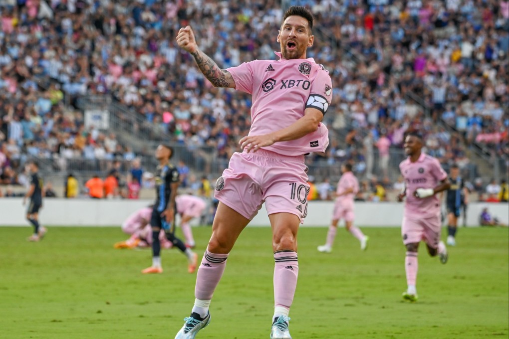 Miami’s Lionel Messi celebrates scoring his second goal of the game. Photo: dpa