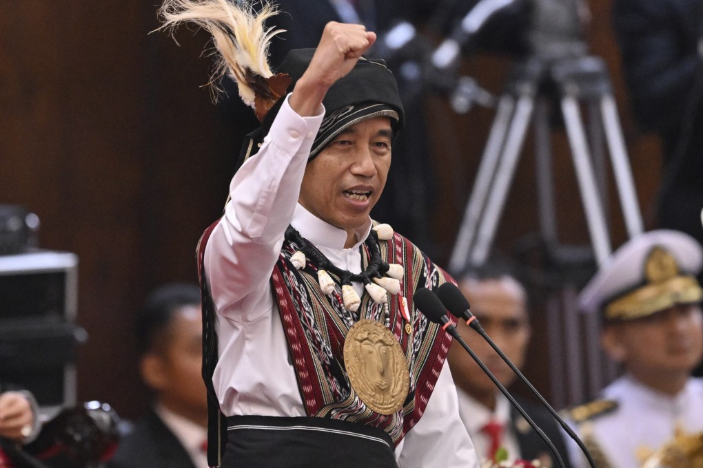 Indonesian President Joko Widodo, wearing traditional attire from Tanimbar Islands of Maluku province, delivers his State of the Nation Address on Wednesday. Photo: Pool via AP