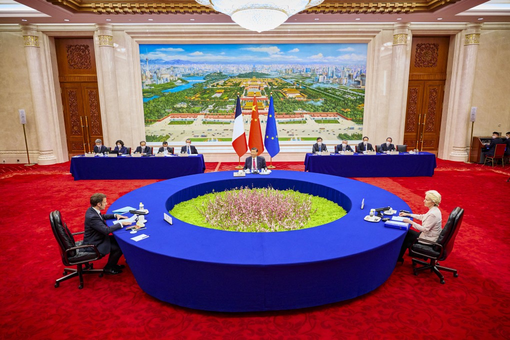 Chinese President Xi Jinping (centre) meets with French President Emmanuel Macron (left) and European Commission President Ursula von der Leyen in Beijing on April 6. Photo: EU Commission / DPA