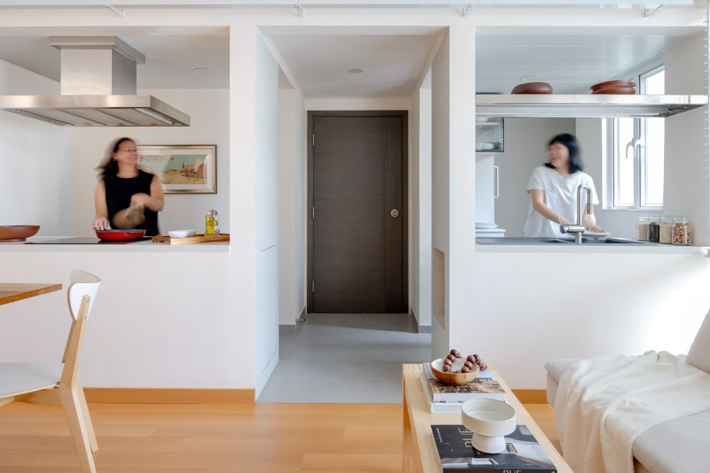 A couple’s meticulous reconfiguration of their apartment in Mei Foo Sun Chuen, Hong Kong, created a split kitchen (above), and wardrobes in lieu of walls, to maximise the use of its 499 square feet. Photo: Eugene Chan