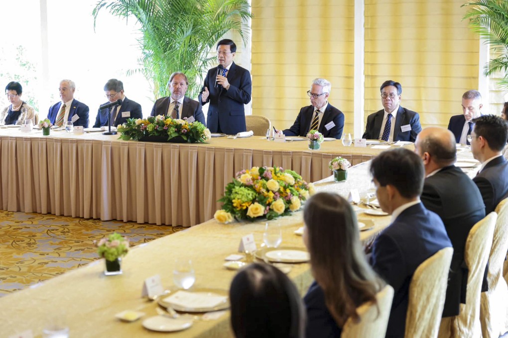 Hong Kong Chief Executive John Lee speaks at the lunch with European Union officials. Photo: Facebook/John Lee