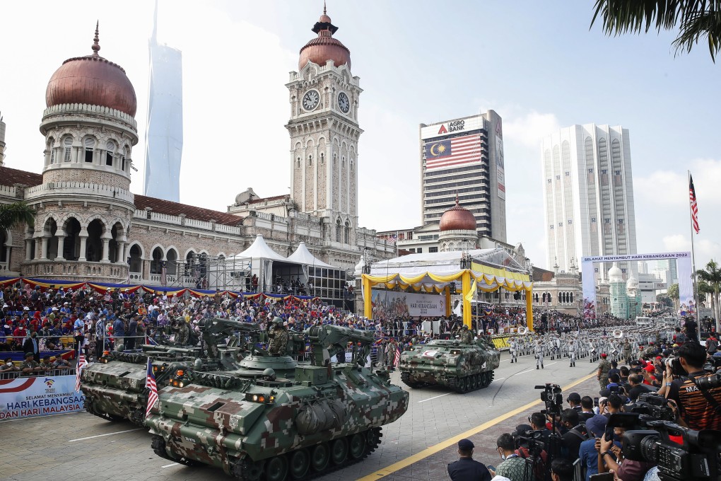 Malaysian Armed Forces personnel take part in the National Day parade at Independence Square in Kuala Lumpur on August 31, 2022. The event marks West Malaysia’s independence from Britain in 1957. Six years later East Malaysia and Singapore joined it in federation, only for the latter to go it alone in 1965. Photo: Getty Images
