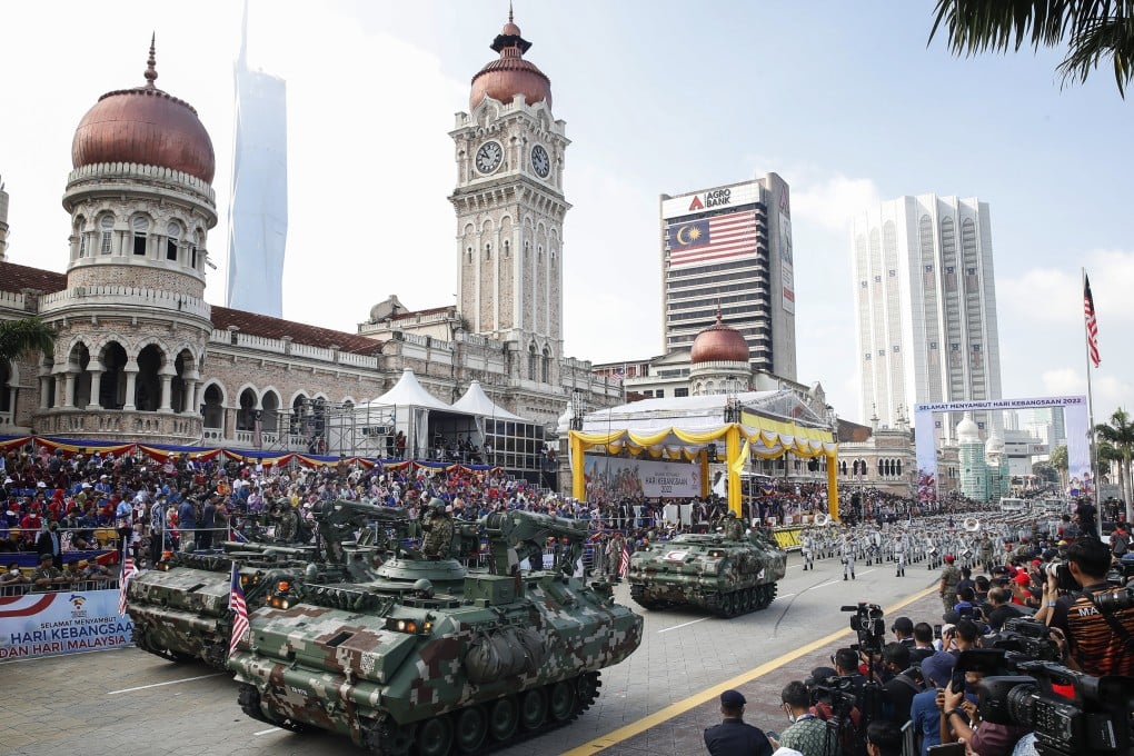 Malaysian Armed Forces personnel take part in the National Day parade at Independence Square in Kuala Lumpur on August 31, 2022. The event marks West Malaysia’s independence from Britain in 1957. Six years later East Malaysia and Singapore joined it in federation, only for the latter to go it alone in 1965. Photo: Getty Images