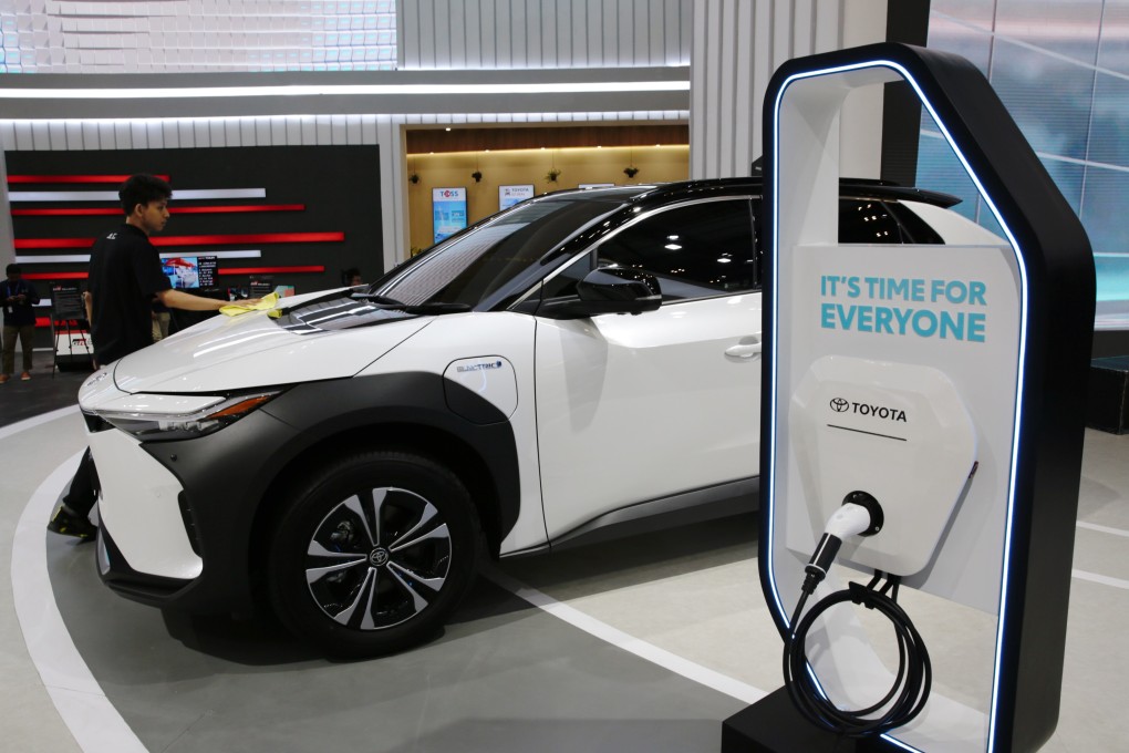 A Toyota electric car at the 2023 Jakarta car show in Tangerang, Indonesia. Photo: handout